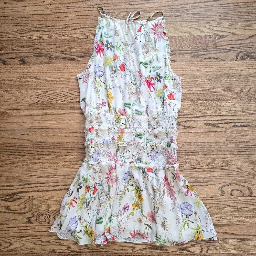 100 Silk PARKER Sangria Floral Print Ruffled Dress Smocked Large L NWOT Summer